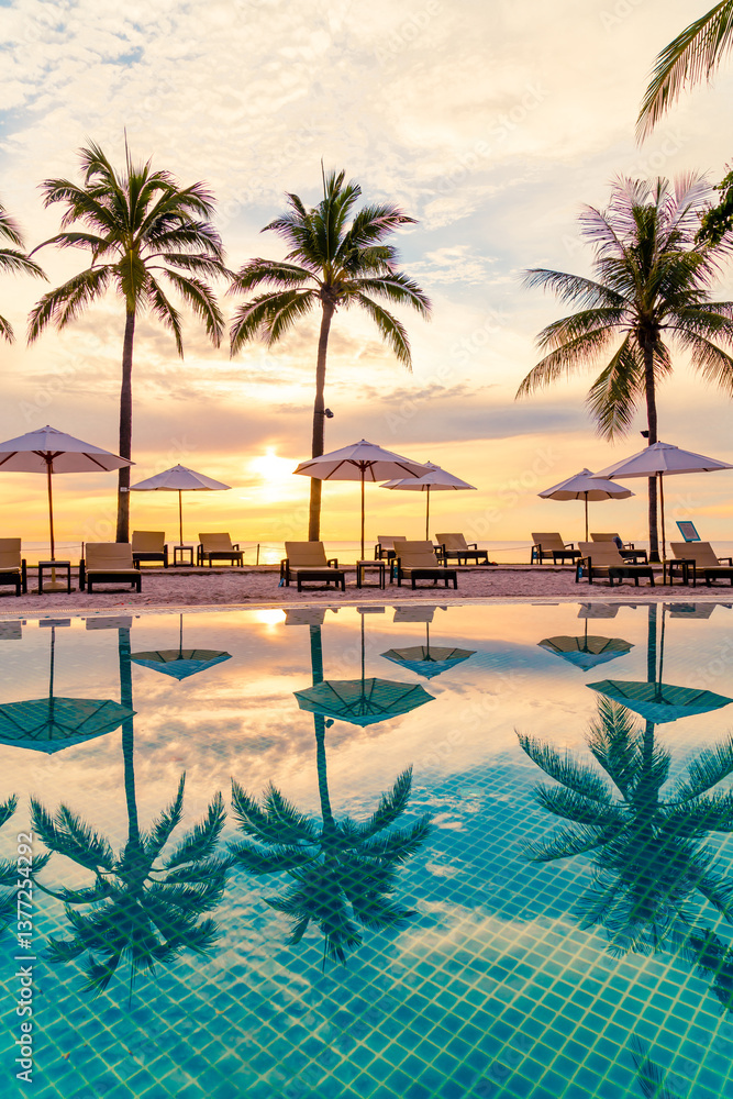 Fototapeta premium Umbrella and chair around swimming pool in hotel resort with sunrise in morning