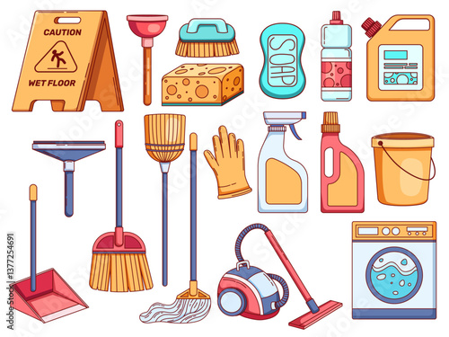 illustration featuring essential cleaning supplies and tools, including a wet floor caution sign, mop, broom, dustpan, plunger, scrub brushes, sponge, vacuum cleaner, a washing machine, etc.