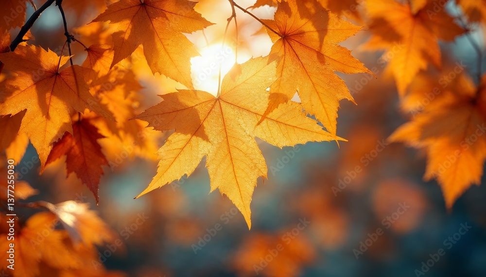 Golden Maple Leaves Glowing in Sunlight on Autumn Day Backdrop Golden Maple Leaves Glowing in Sunlight on Autumn Day Backdrop