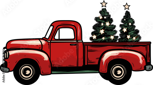 Vintage red truck transporting Christmas trees cartoon isolated on transparent background. Vector illustration.