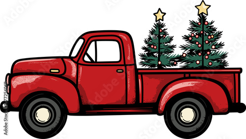 Obraz na płótnie Vintage red truck transporting Christmas trees cartoon isolated on transparent background. Vector illustration. w salonie