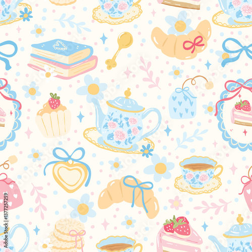 Pastel Cottagecore Tea Time Seamless Pattern with Vintage Teapot, Books, Cake and Floral Elements