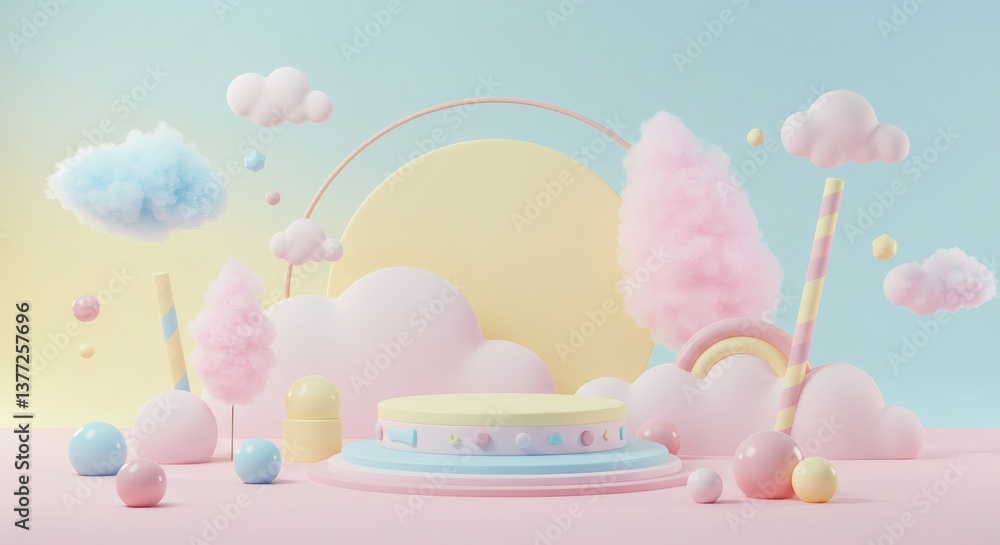 Pastel Podium and Fluffy Clouds Rendering for Product Display Mockup Pastel Podium and Fluffy Clouds Rendering for Product Display Mockup