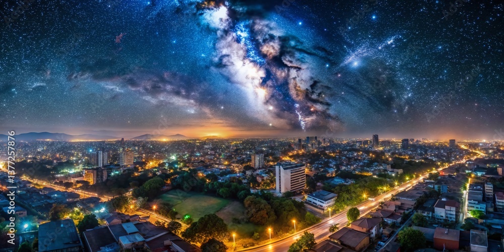 Obraz premium Kinshasa Night Timelapse: Drone View of City Lights & Milky Way, Congo, Africa