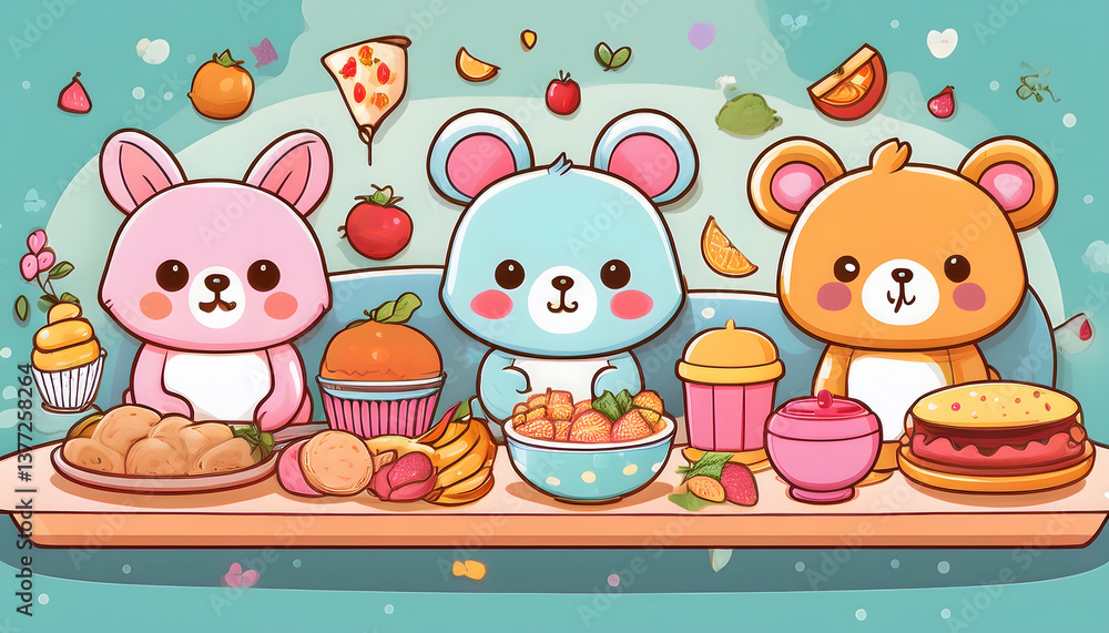 Fototapeta premium Cute cartoon animals enjoying a colorful feast with various desserts and fruits on a table