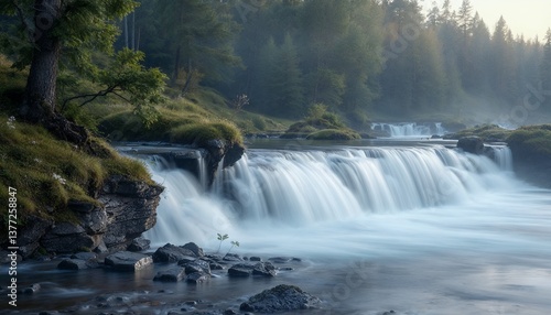 Cascading Waterfall Flowing in Forest River Scenic Landscape View