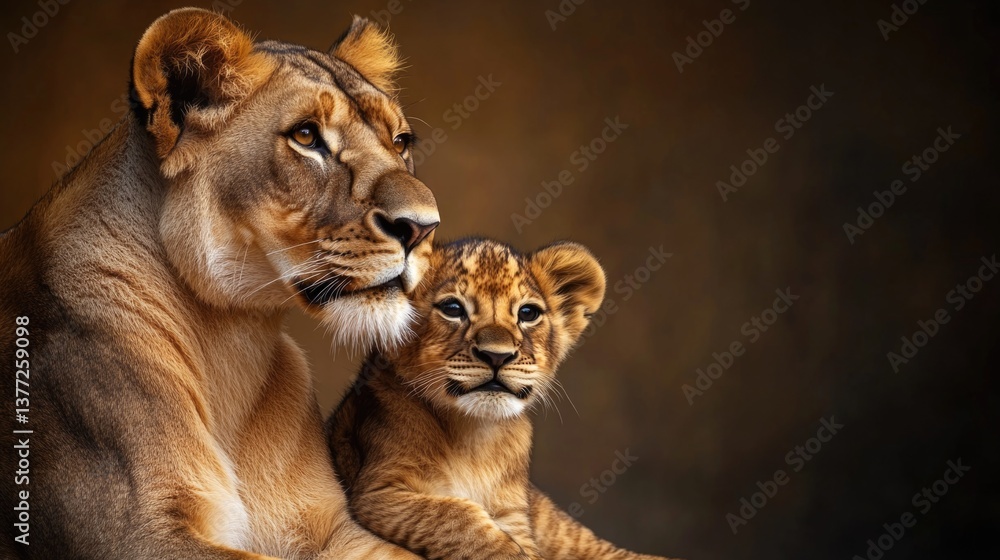 Obraz premium Lioness and cub in warm light: a touching display of animal bonding and protection. Mother's Day, Mothering Sunday, Dia de la Madre - Global Maternal Celebration, Worldwide Family Holiday