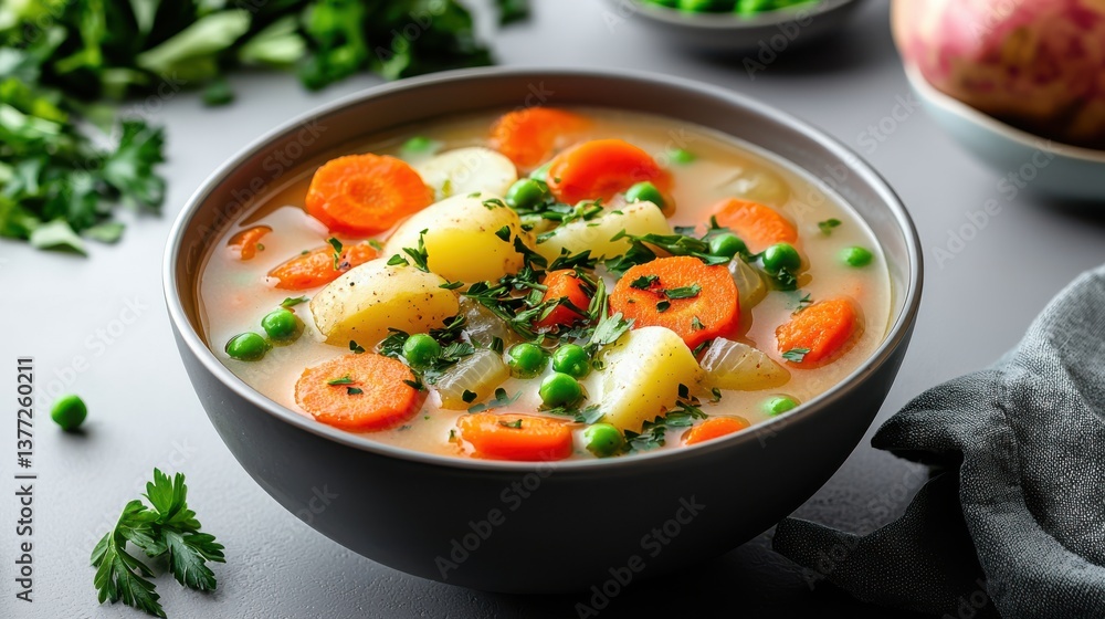 Warm and Inviting Bowl of Vegetable Soup with Carrots Potatoes Peas Warm and Inviting Bowl of Vegetable Soup with Carrots Potatoes Peas