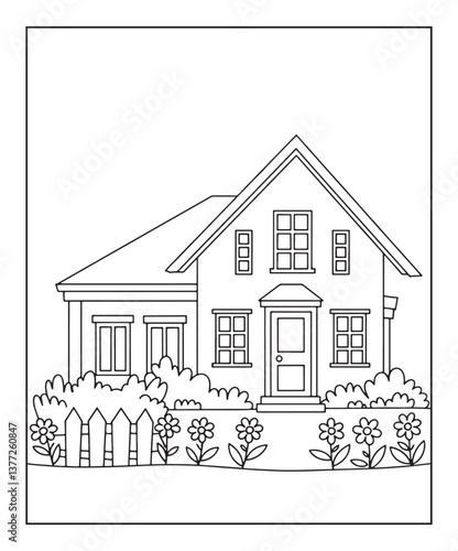 House coloring page for kids, black line art vector illustration on white background