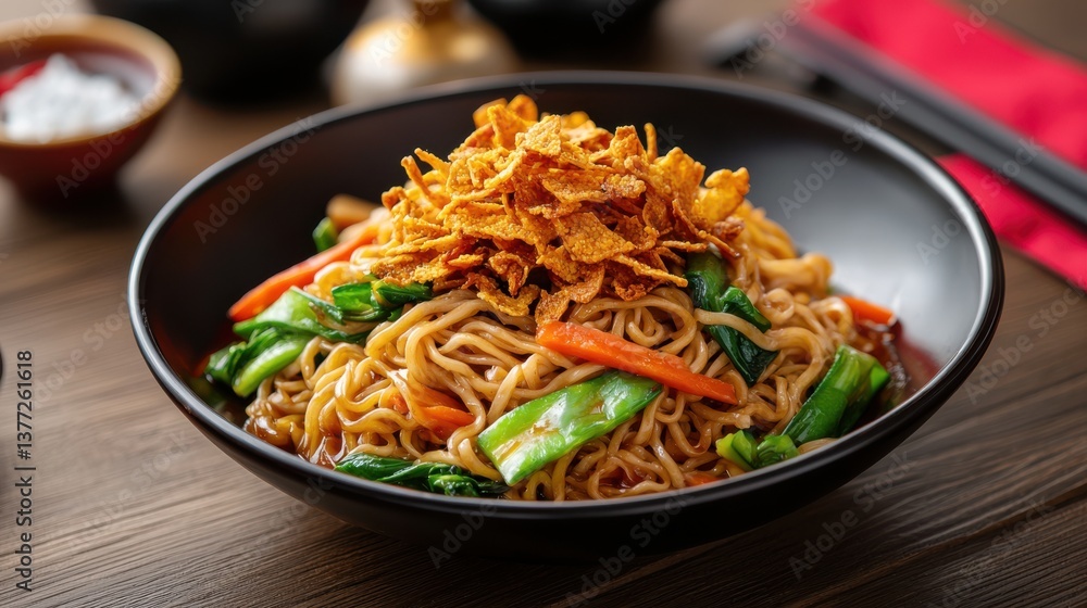 Delicious Bowl of Noodles with Fresh Vegetables and Succulent Meat Mix Delicious Bowl of Noodles with Fresh Vegetables and Succulent Meat Mix