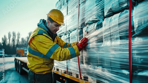 A logistics worker securing cargo on a flatbed truck with straps.