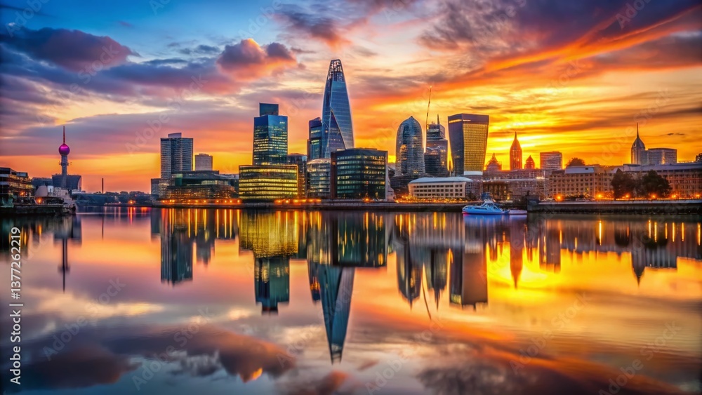 Fototapeta premium London Skyline Silhouette Reflection - Cityscape at Dusk Stock Photo