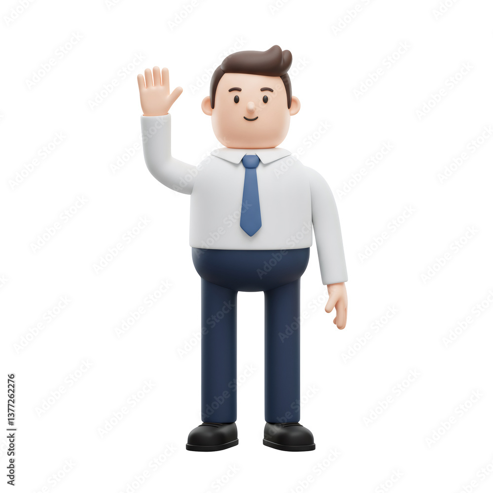 Smiling 3D Cartoon Businessman Waving in Office Attire Smiling 3D Cartoon Businessman Waving in Office Attire