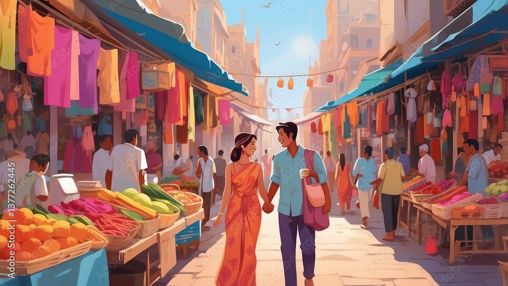 A charming scene featuring a smiling animated prince and princess in a festive marketplace filled with an assortment of colorful pastries and delicacies. A charming scene featuring a smiling animated prince and princess in a festive marketplace filled with an assortment of colorful pastries and delicacies.