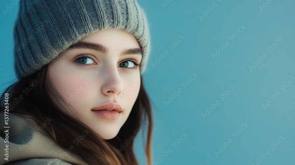 Fototapeta premium Young Woman in Knit Beanie Against Blue Background, Portrait Style