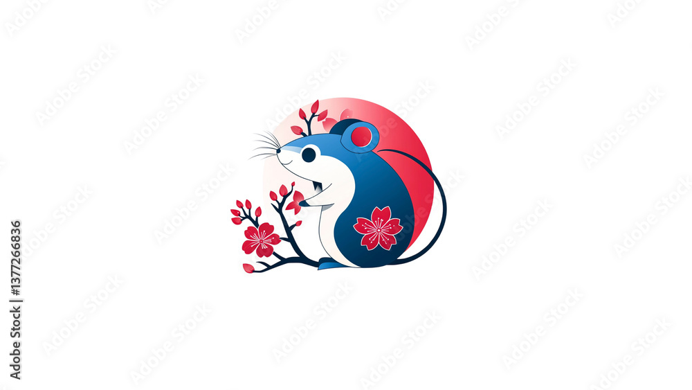 Adorable Blue Mouse with Cherry Blossoms in Japanese Style Adorable Blue Mouse with Cherry Blossoms in Japanese Style