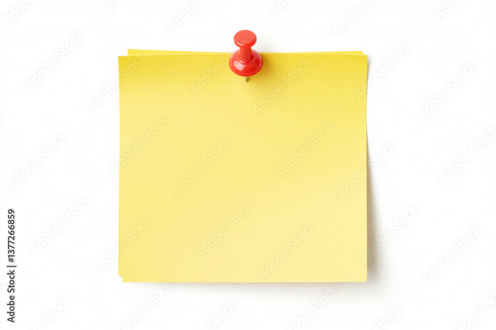 A bright yellow sticky note with crisp edges and a slight shadow effect pinned to a white surface with a red pushpin A bright yellow sticky note with crisp edges and a slight shadow effect pinned to a white surface with a red pushpin