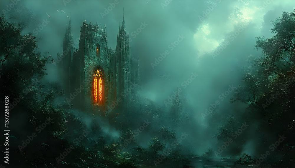 Fototapeta premium Enigmatic castle veiled in mist, glowing window, dark forest