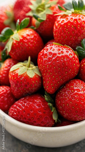 Freshly washed strawberries in bowl with vibrant red color