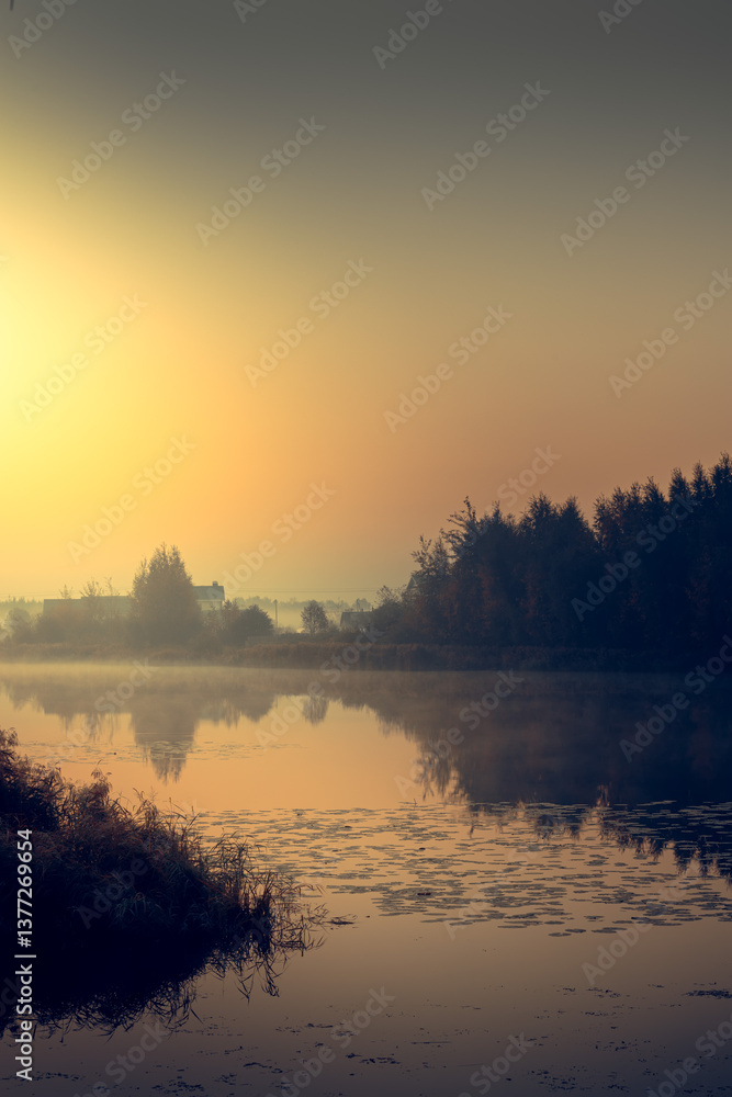 Fototapeta premium Lake on an autumn morning. Autumn landscape. Background for relax.