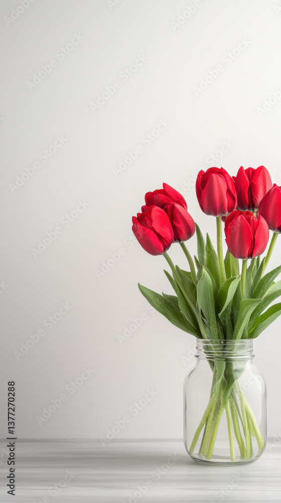 Red tulips in clear vase on minimalist desk Red tulips in clear vase on minimalist desk