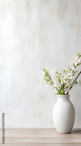 Wallpaper Mural White flowers in vase on minimalist wooden desk Torontodigital.ca
