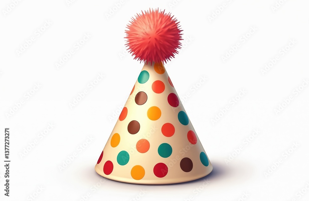Colorful polka dot party hat with red pom-pom isolated white background. Perfect for birthday celebration events. Festive headwear design with attractive cheerful accessory for happy celebration. Colorful polka dot party hat with red pom-pom isolated white background. Perfect for birthday celebration events. Festive headwear design with attractive cheerful accessory for happy celebration.