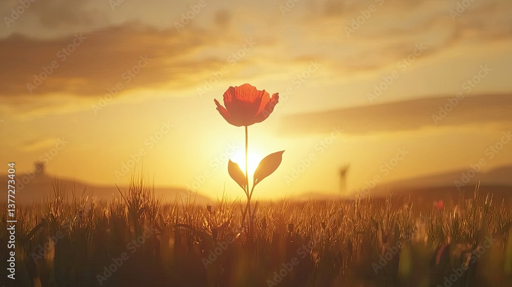 Obraz premium A cinematic shot of a lone red poppy standing against a golden summer sunset, its petals swaying gently in the wind.
