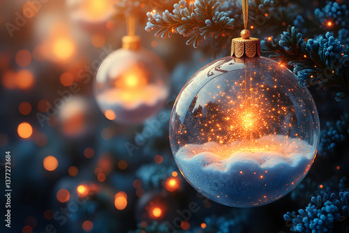 Christmas background. Xmas ornaments Glass ball with snow inside. Christmas tree decorations transparent ball hanging on golden ribbon, gold glitter confetti