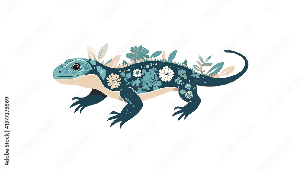 Ornate Floral Lizard Teal and Cream Reptile with Botanical Design Ornate Floral Lizard Teal and Cream Reptile with Botanical Design