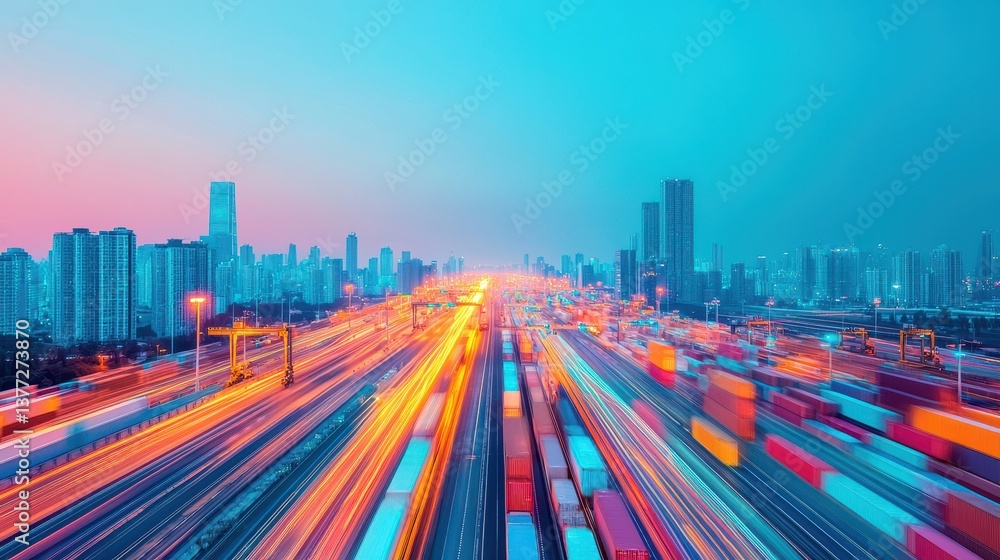 Fototapeta premium Vibrant Cityscape with Traffic and Container Transport at Twilight in Urban Environment