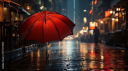 Wallpaper Mural Solitary Red Umbrella on a Rainy Night City Street Torontodigital.ca
