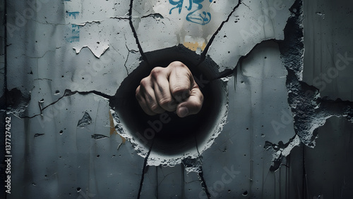 A fist punching through a hole in a concrete wall breaking through barriers. This Ai generated image symbolizes strength determination and the ability to overcome obstacles making it perfect.