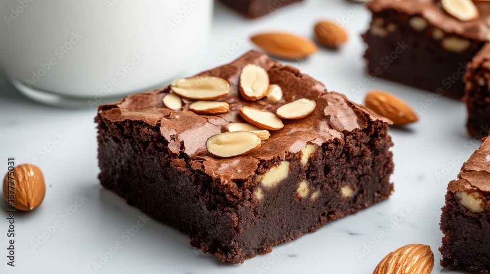 Delicious Close Up of Rich Chocolate Brownie Topped with Almonds and Nuts Delicious Close Up of Rich Chocolate Brownie Topped with Almonds and Nuts