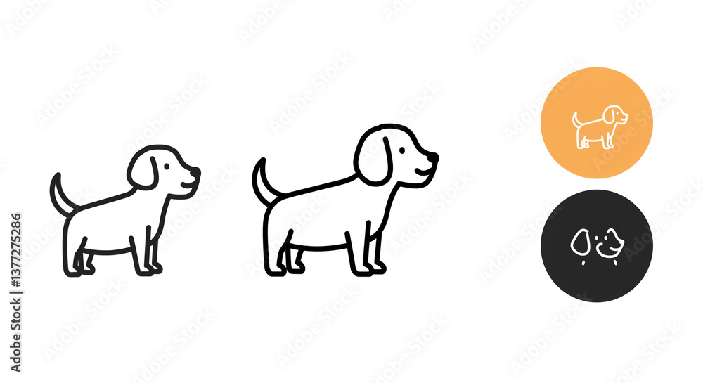 A happy puppy standing proudly, ready for adventure, shown in simple line art with color variations. A happy puppy standing proudly, ready for adventure, shown in simple line art with color variations.
