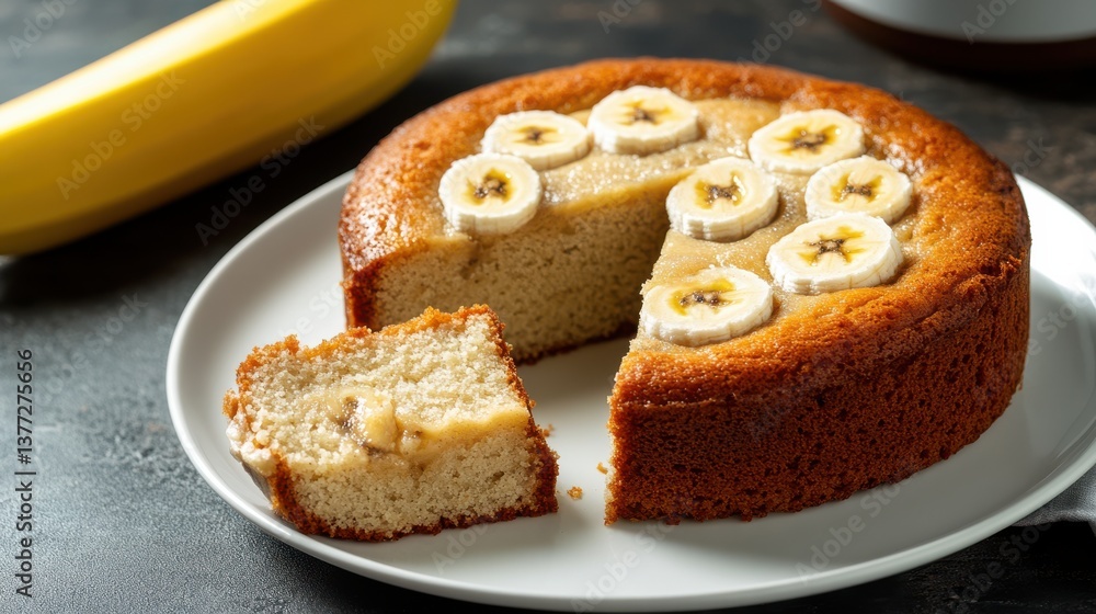 Deliciously Moist Banana Cake with Slice Cut Out Showing Soft Texture Deliciously Moist Banana Cake with Slice Cut Out Showing Soft Texture