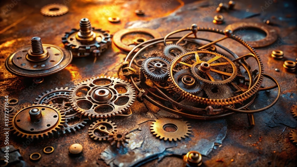 A Detailed Close-Up of Intricate, Oxidized Clockwork Gears and Components Scattered on a Rustic Metallic Surface A Detailed Close-Up of Intricate, Oxidized Clockwork Gears and Components Scattered on a Rustic Metallic Surface