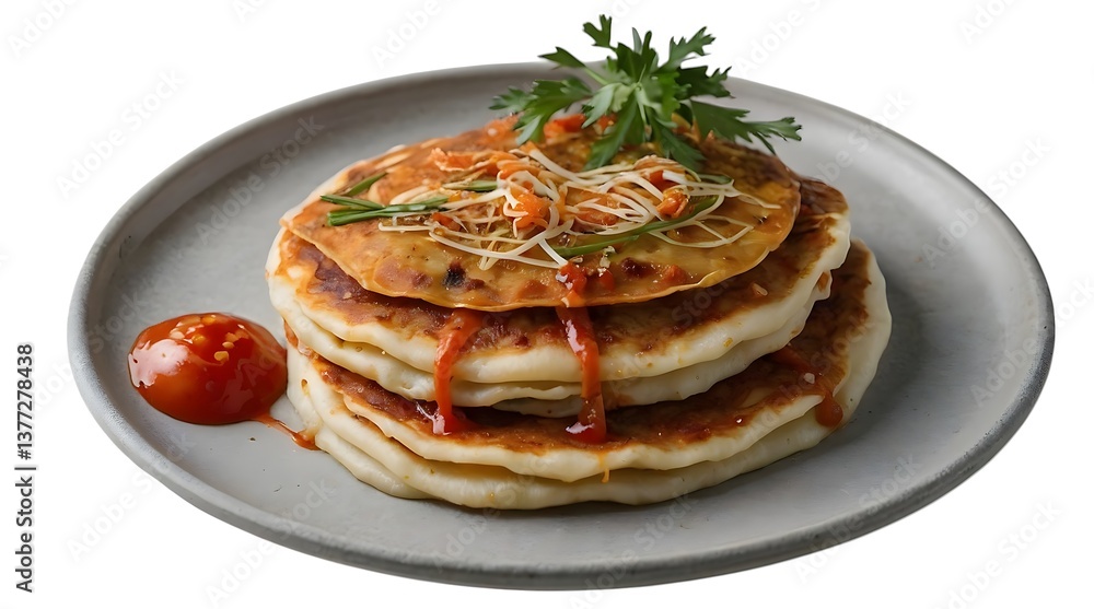 Savory Pancakes Stacked High with Sauce........... Savory Pancakes Stacked High with Sauce...........