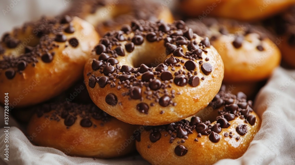 A pile of chocolate chip bagels with a golden crust, stacked neatly on a cloth. A pile of chocolate chip bagels with a golden crust, stacked neatly on a cloth.