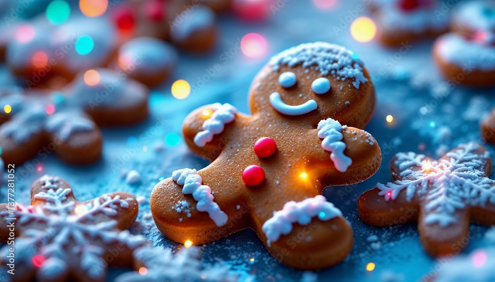 Gingerbread Man Cookie with Snowflake Decoration and Festive Holiday Lights Gingerbread Man Cookie with Snowflake Decoration and Festive Holiday Lights