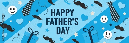 Festive Father's Day design with ties, mustaches, and gifts on a blue background.