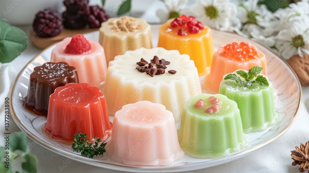 A plate with individual mousse desserts in different flavors, beautifully arranged with delicate garnishes A plate with individual mousse desserts in different flavors, beautifully arranged with delicate garnishes