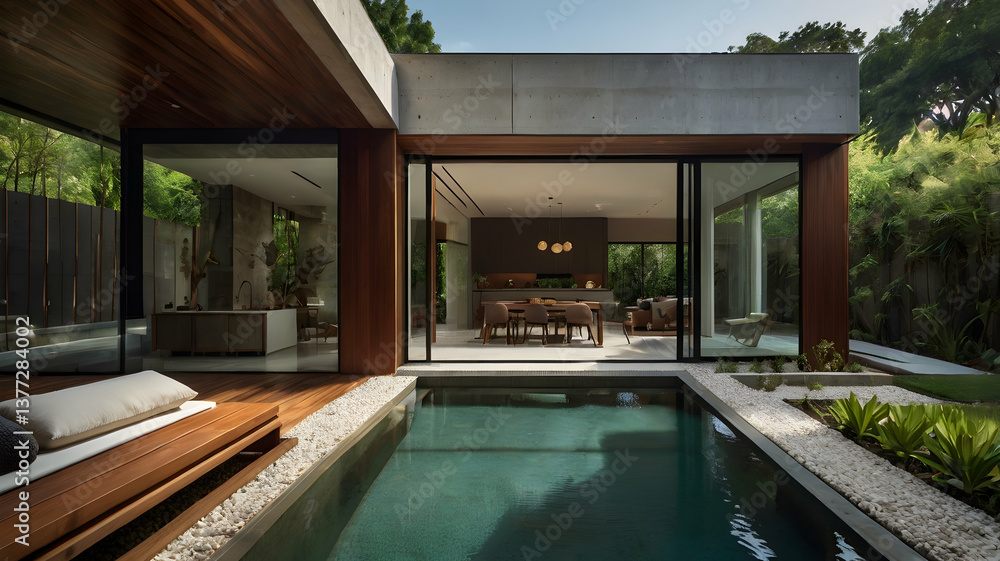 Fototapeta premium Modern Concrete House Minimalist Pool Design Wooden Deck Landscaping