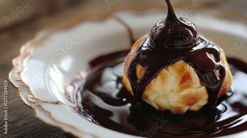 A profiterole resting on a pool of rich, glossy chocolate sauce