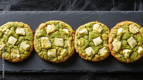 A row of matcha green tea cookies with white chocolate chunks, displayed on a modern slate tray.