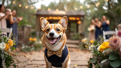 Happy Corgi in Bow Tie at Wedding