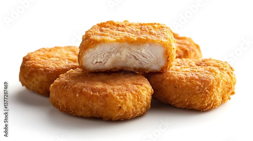 Close up shot of a pile of golden brown chicken nuggets on white