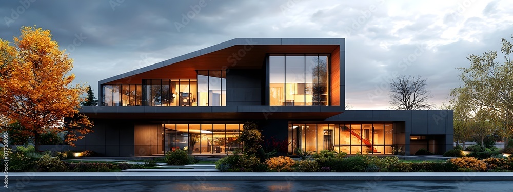 Obraz premium A stunning contemporary apartment building with a sleek geometric glass and metal facade expertly crafted to blend harmoniously with the surrounding autumn landscape