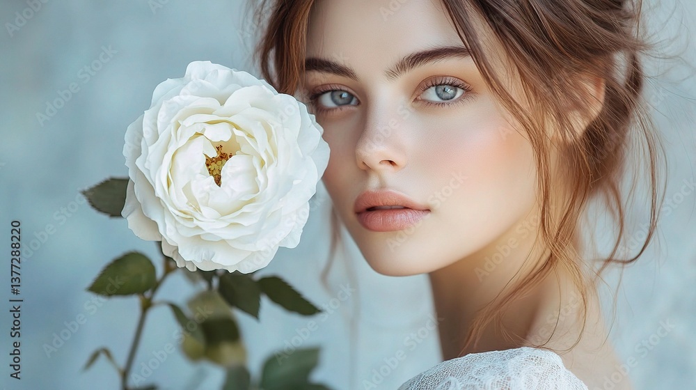 Naklejka premium Elegant Woman Posing with a White Rose in a Soft, Beautiful Setting