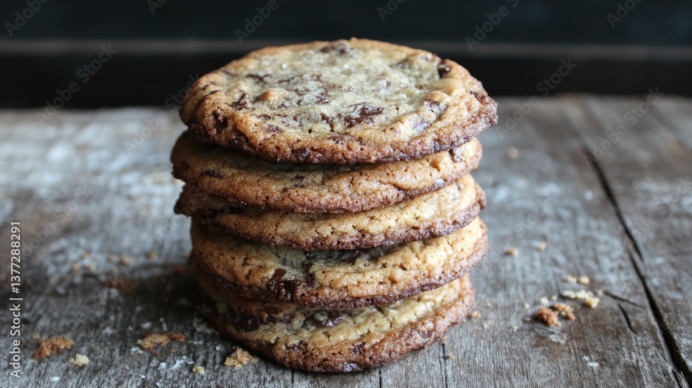 A stack of freshly baked chocolate chip cookies on a rustic wooden table, with crumbs scattered around. A stack of freshly baked chocolate chip cookies on a rustic wooden table, with crumbs scattered around.